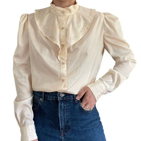 Vintage 80s Womens 100% Silk White Ruffle Collar Floral Light Academia Blouse - Picture 1 of 10